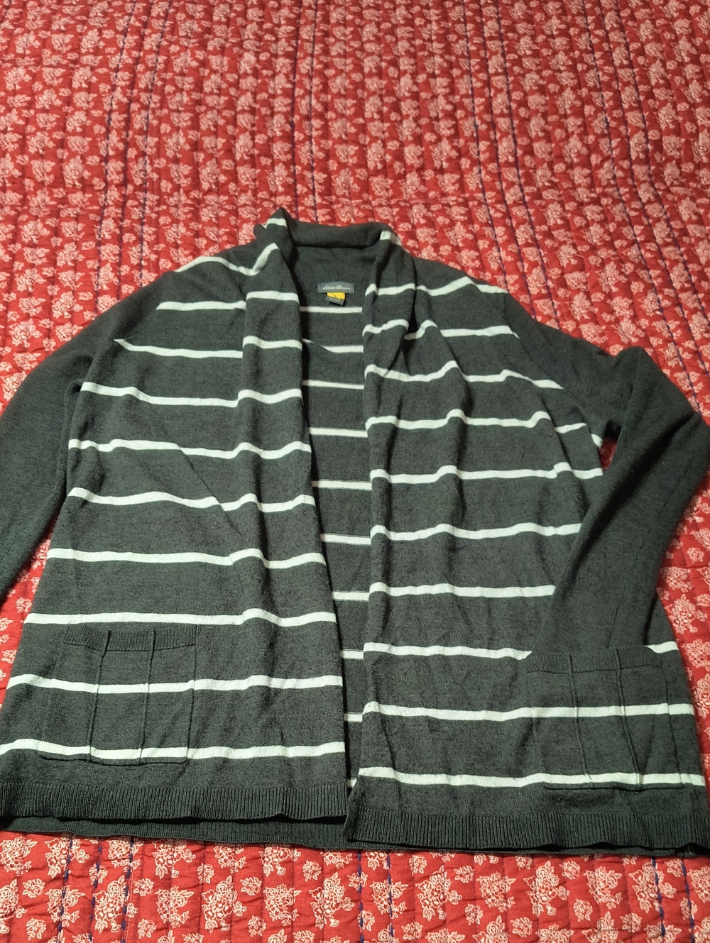 Eddie Bauer Charcoal and White Striped Shawl-Collar Cardigan